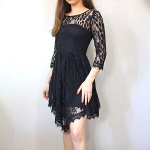 Free People Dress Black Lace Boho 'Queens Love' Mini Ribbon Waist